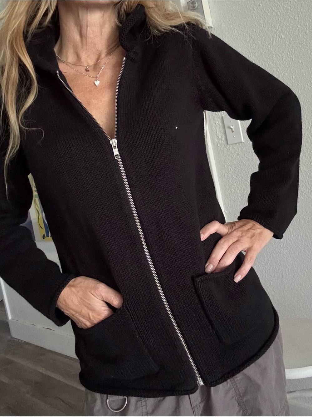 Sigrid Olsen Black Hooded Knit Sweater S